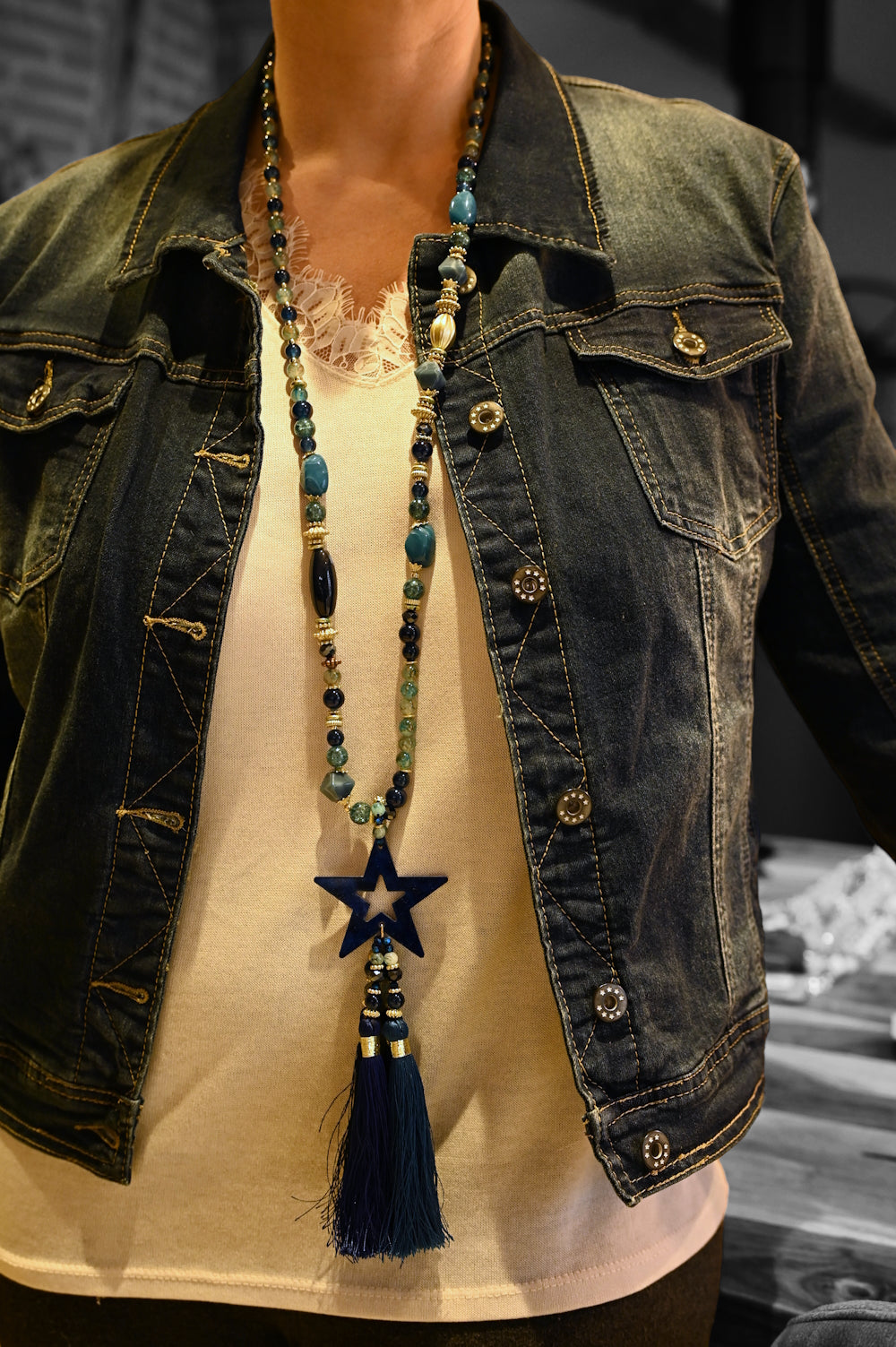 Collier sautoir étoile nuances bleu