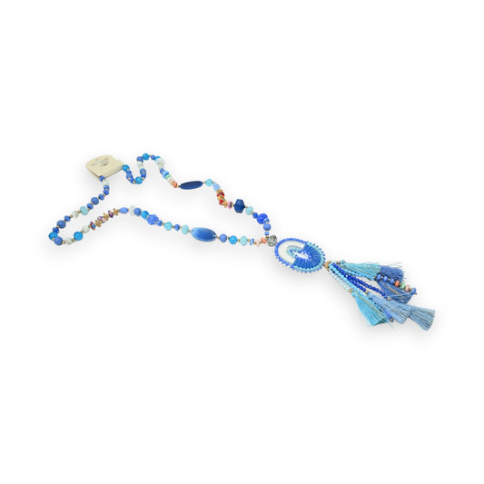 Collier sautoir nuances bleu médaillon ovale