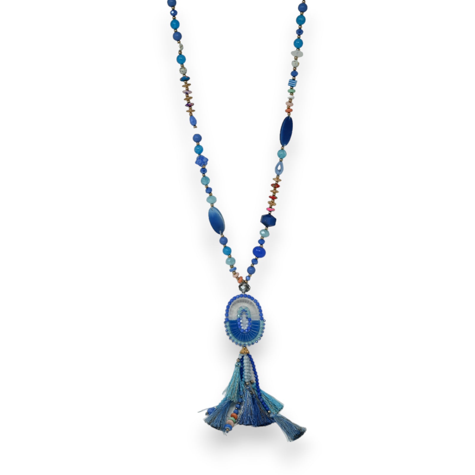 Collier sautoir nuances bleu médaillon ovale