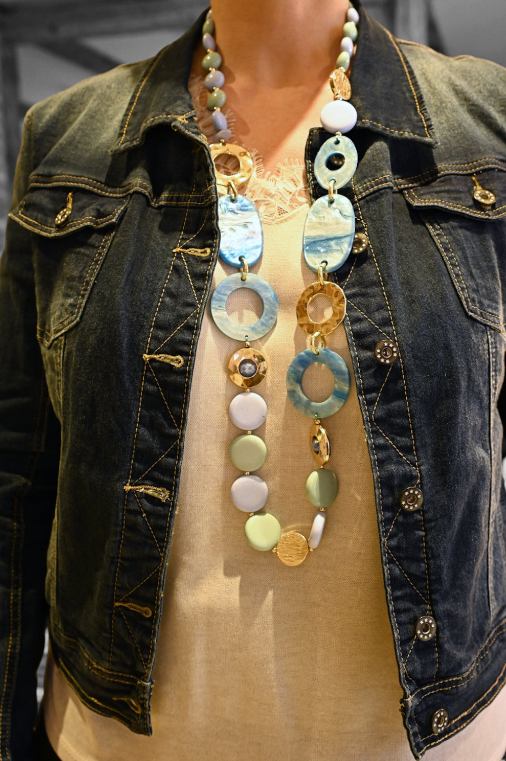 Collier sautoir vintage nuances bleu