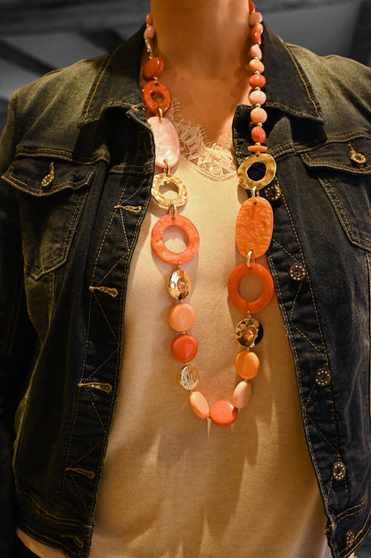 Collier sautoir vintage ronds nuances rouge orange