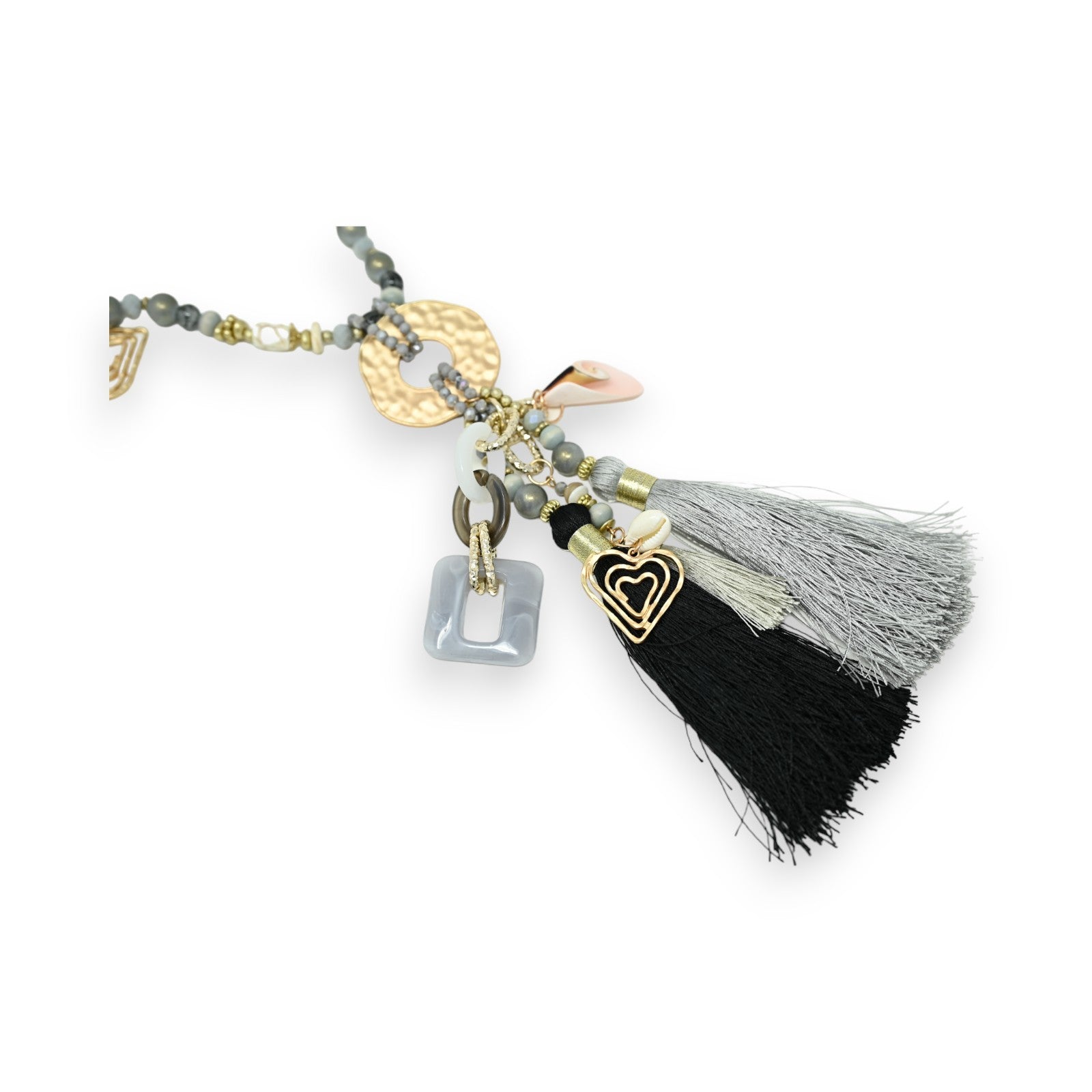Collier sautoir fantaisie gris et noir médaillon doré et breloques