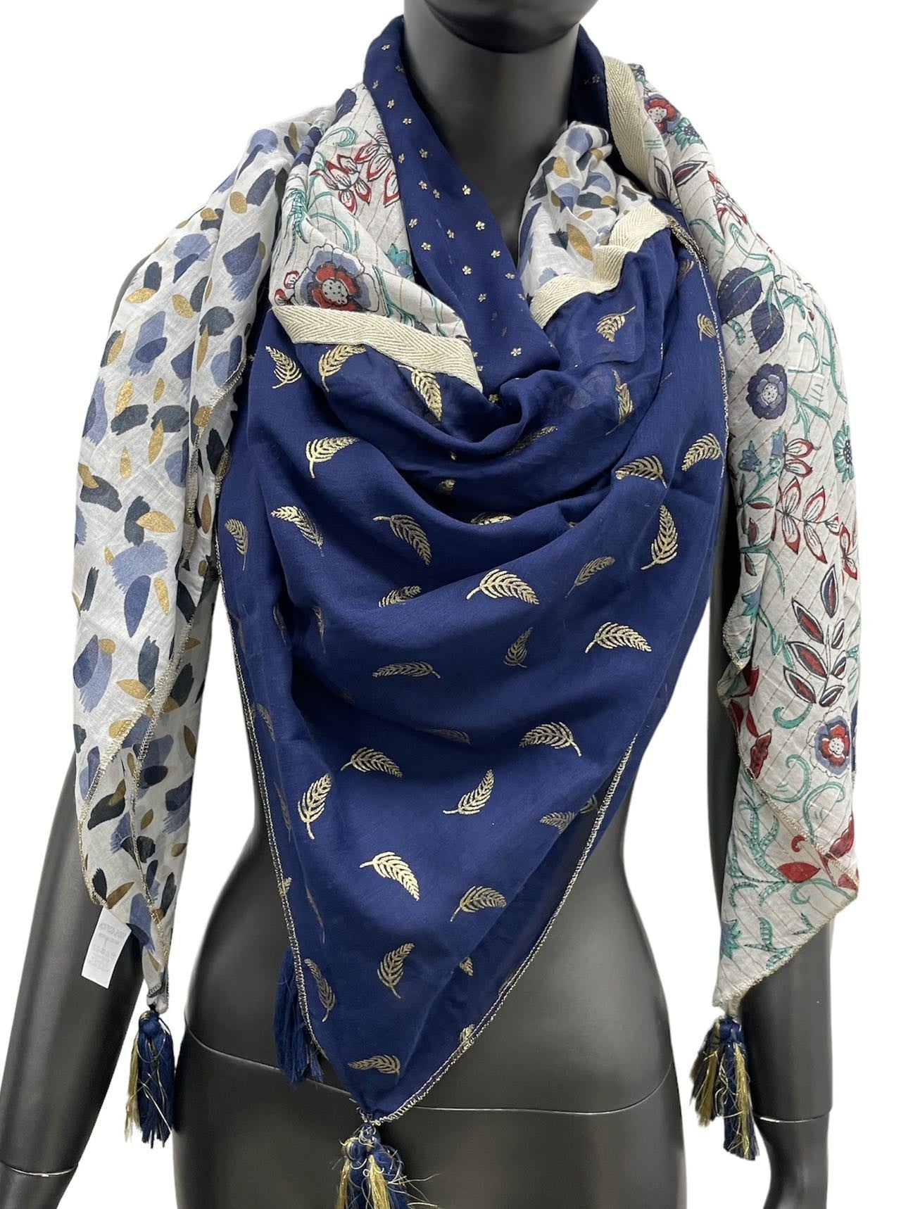 Foulard 4 faces bleu et moutarde