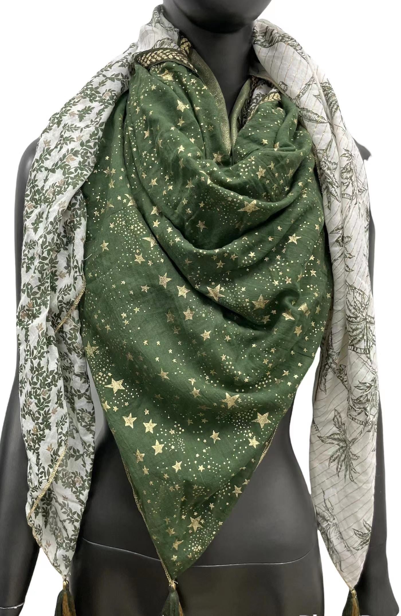 Foulard 4 faces étoiles nuance kaki