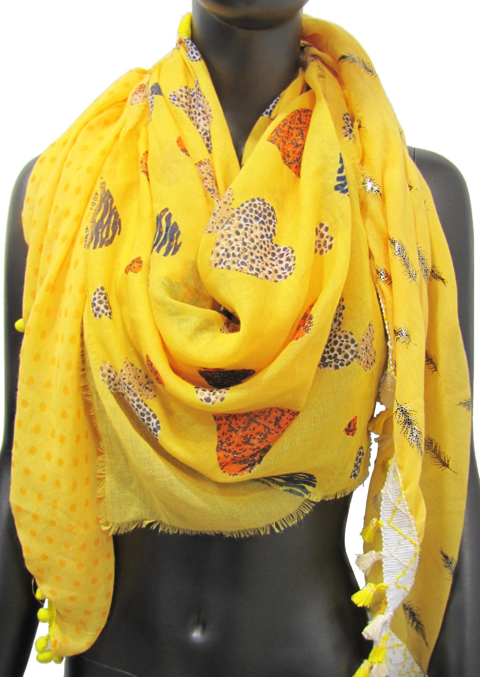 Foulard 4 faces patchwork jaune cœur et plume