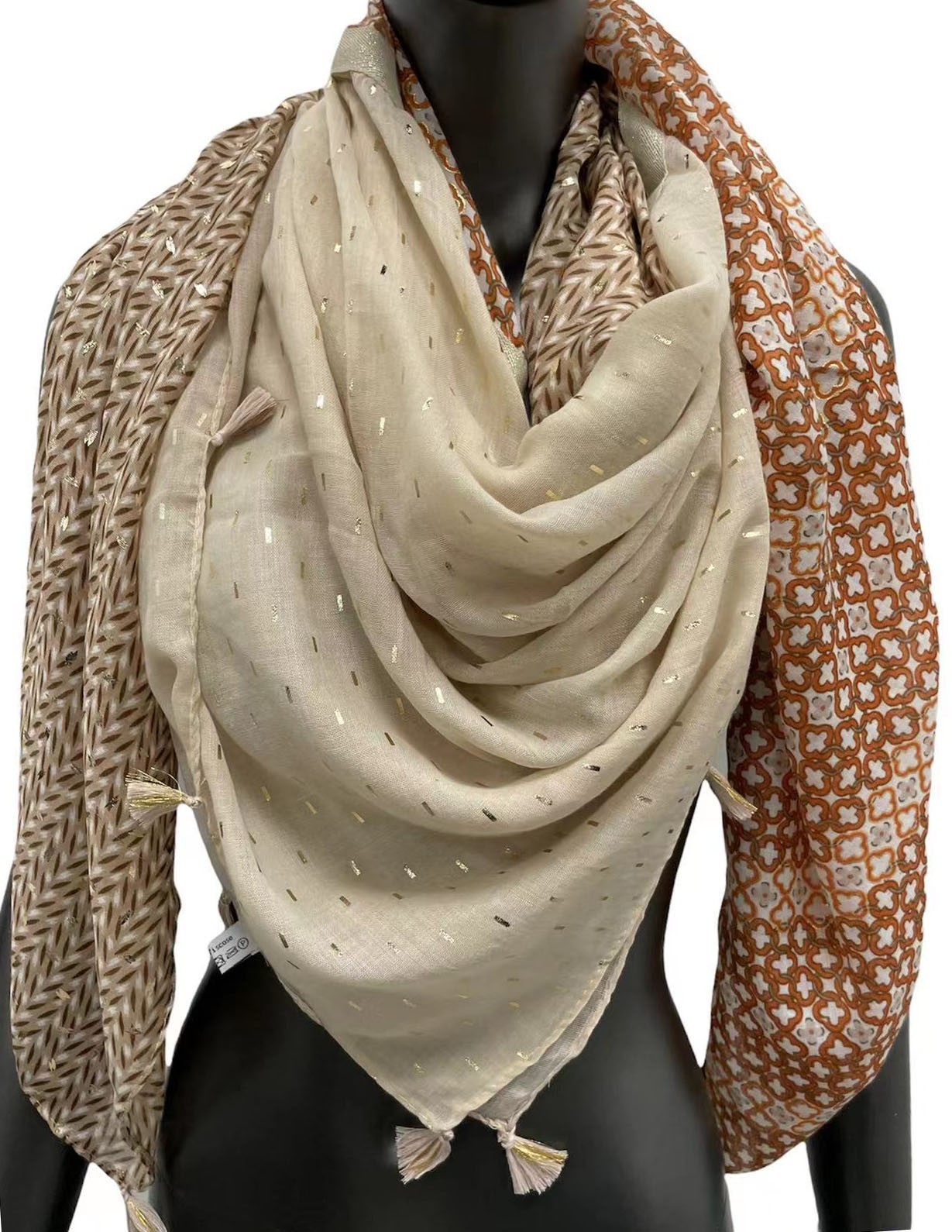 Foulard 4 faces patchwork nuances de beige orange
