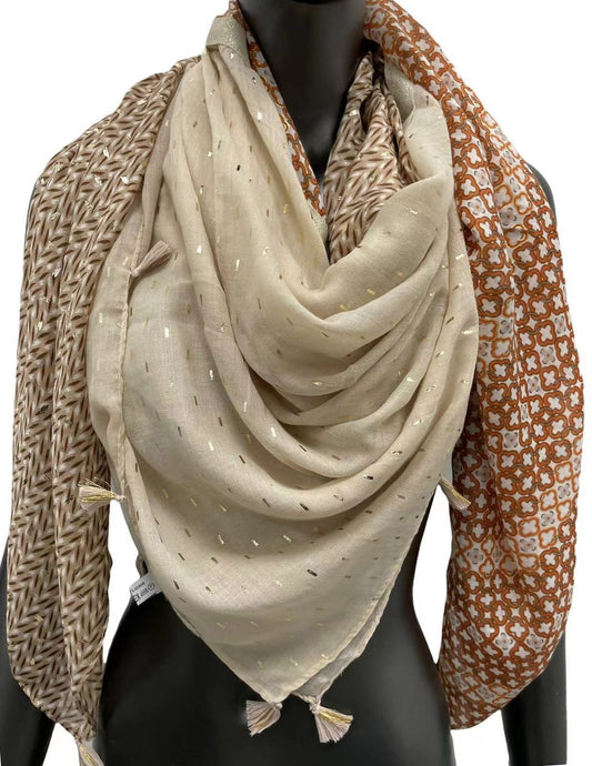 Foulard 4 faces patchwork nuances de beige orange
