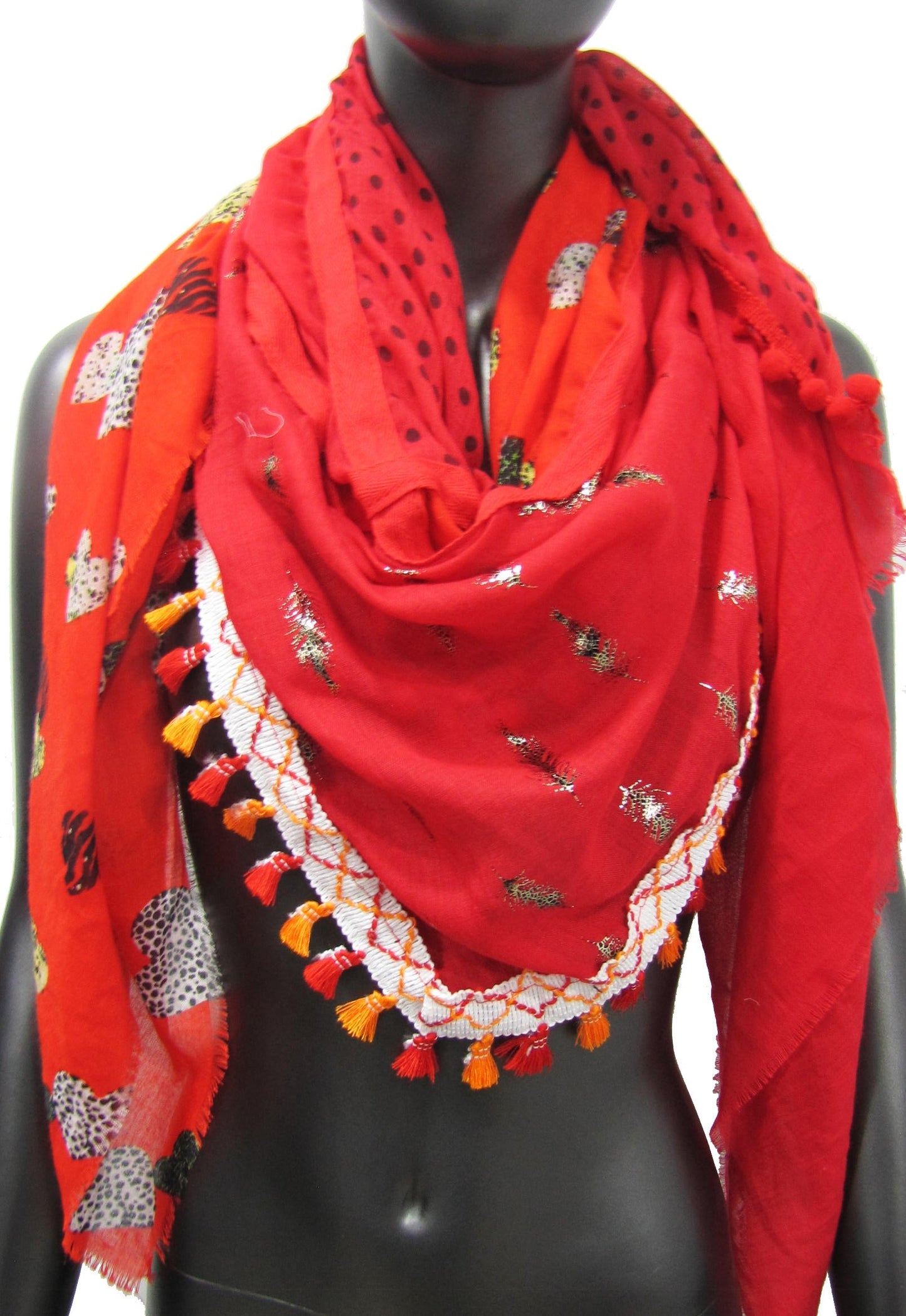 Foulard 4 faces patchwork rouge cœur et plume