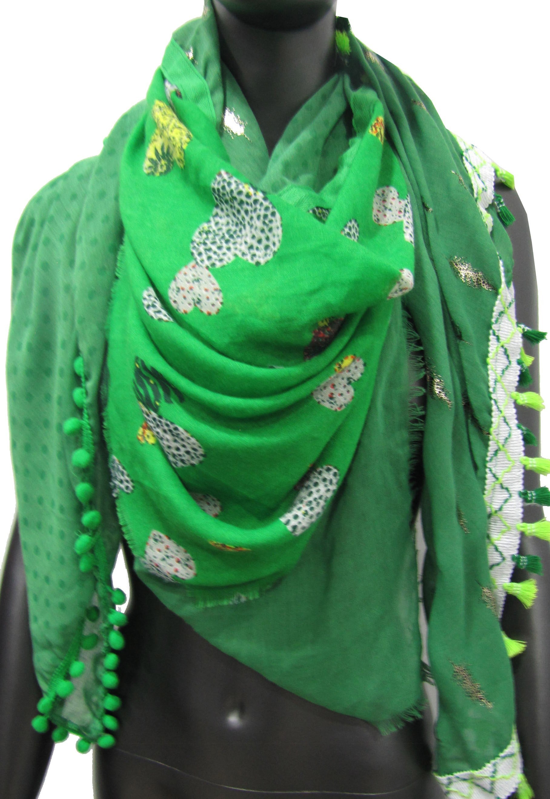 Foulard 4 faces patchwork vert brésil cœur et plume