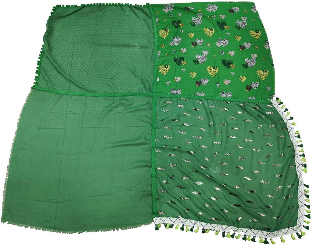 Foulard 4 faces patchwork vert brésil cœur et plume