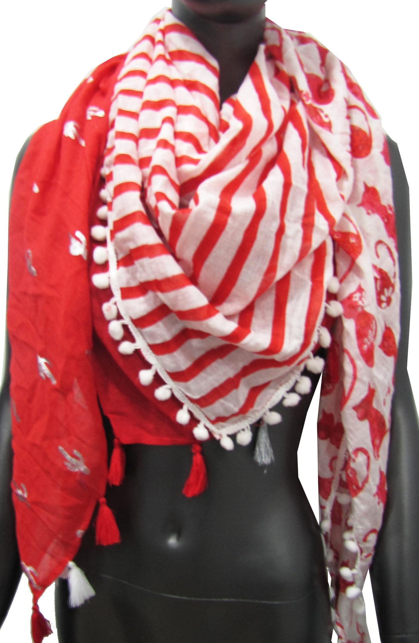 Foulard 4 faces rouge patchwork marinière et chat