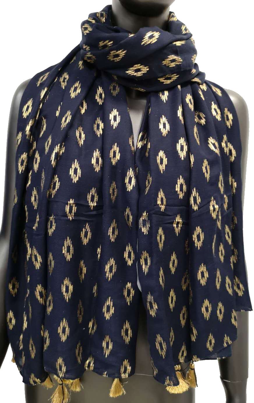 Foulard bleu marine et or avec pompons dorés