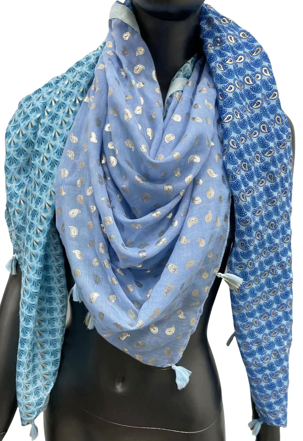 Foulard carré patchwork 4 faces nuances bleu