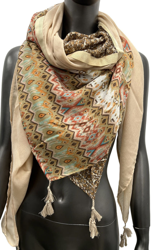 Foulard carré patchwork ethnique beige et marron