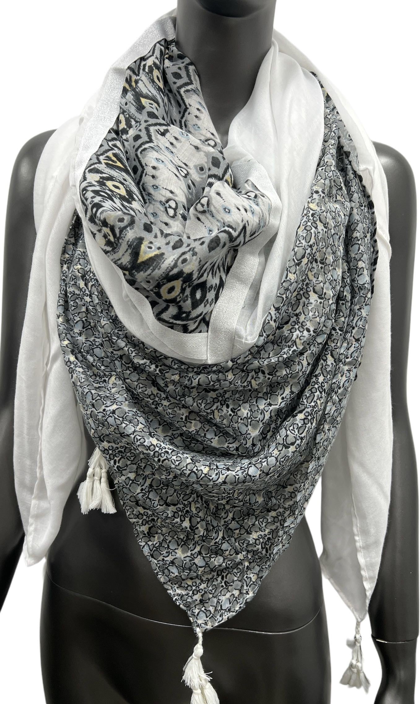 Foulard carré patchwork ethnique et bulles noir et blanc