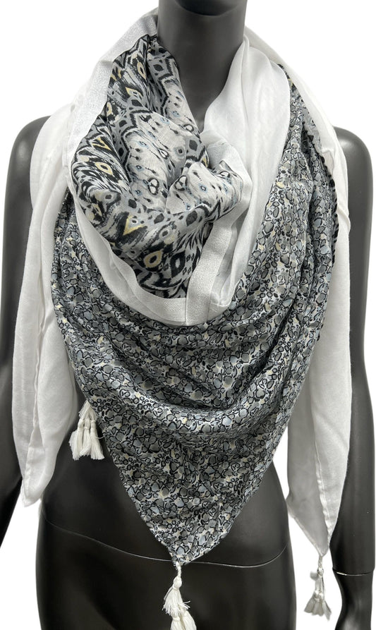 Foulard carré patchwork ethnique et bulles noir et blanc