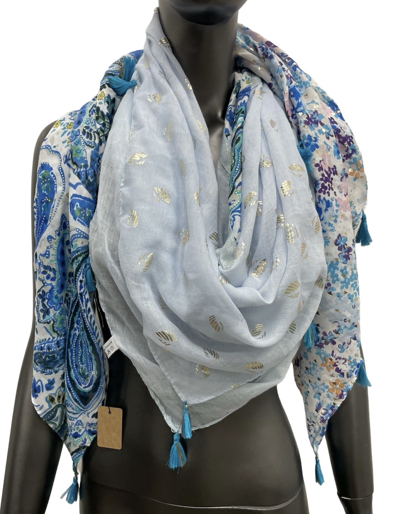 Foulard carré patchwork imprimé cachemire et liberty bleu