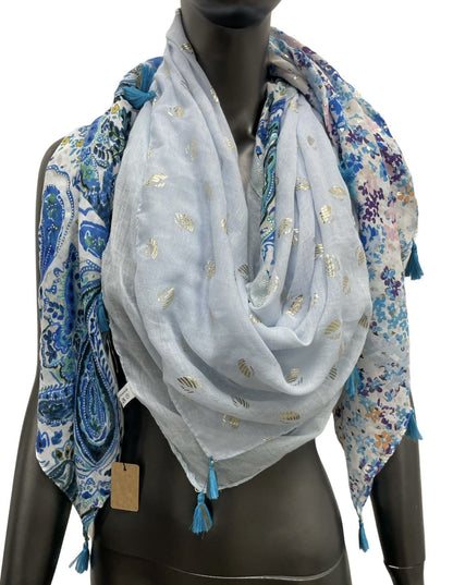 Foulard carré patchwork imprimé cachemire et liberty bleu
