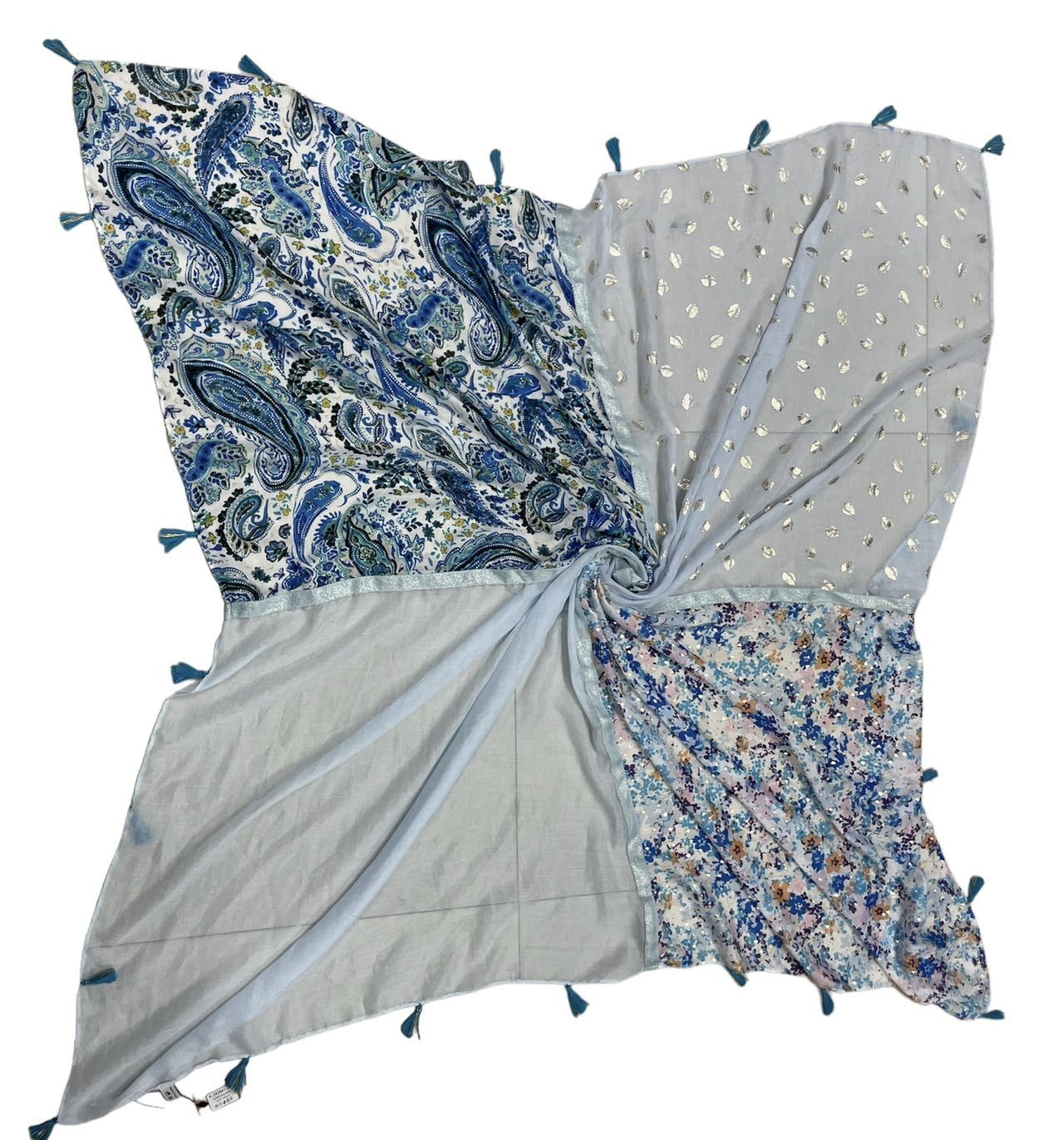 Foulard carré patchwork imprimé cachemire et liberty bleu