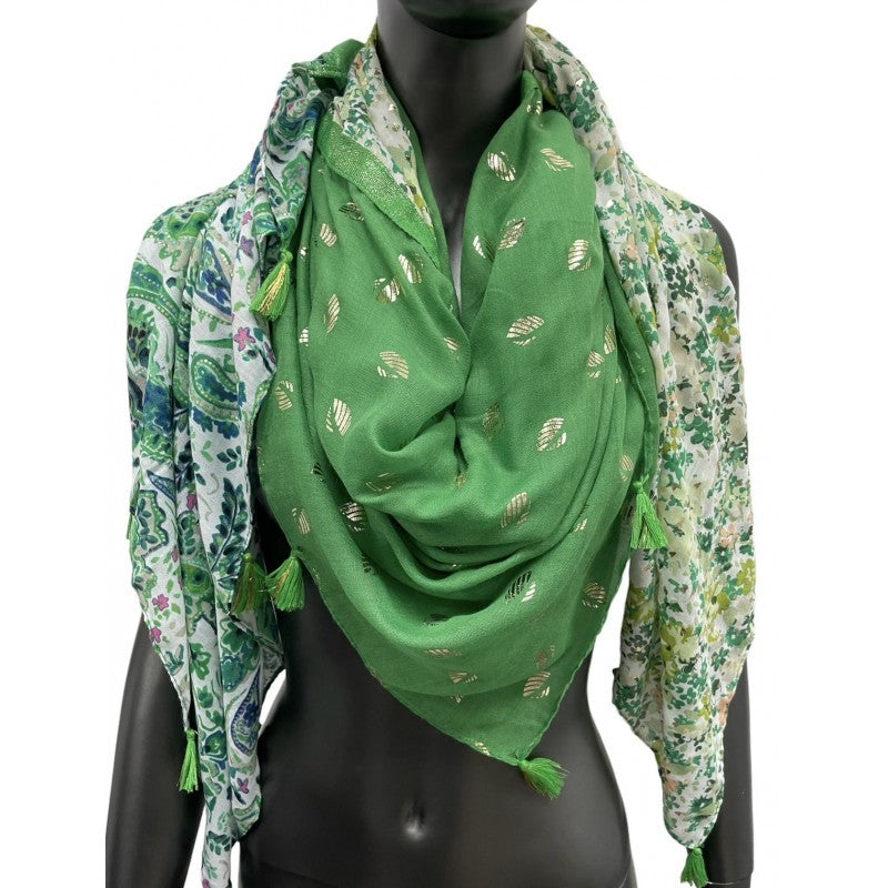 Foulard carré patchwork imprimé cachemire et liberty vert
