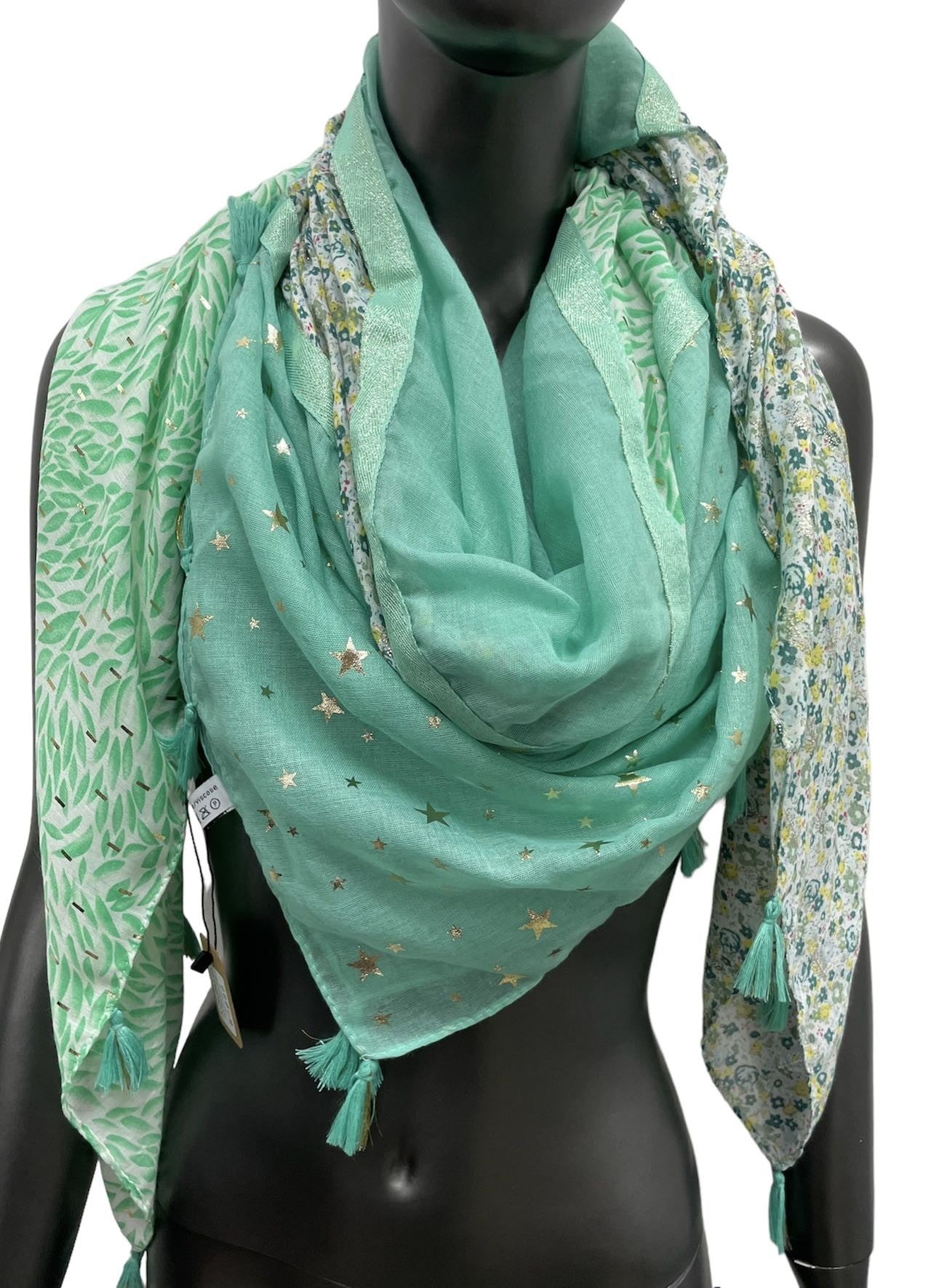 Foulard carré patchwork imprimé feuillage et liberty Vert d'eau
