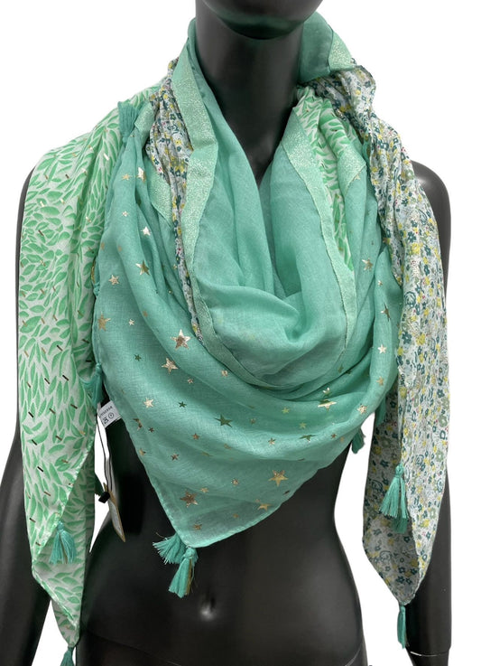 Foulard carré patchwork imprimé feuillage et liberty Vert d'eau