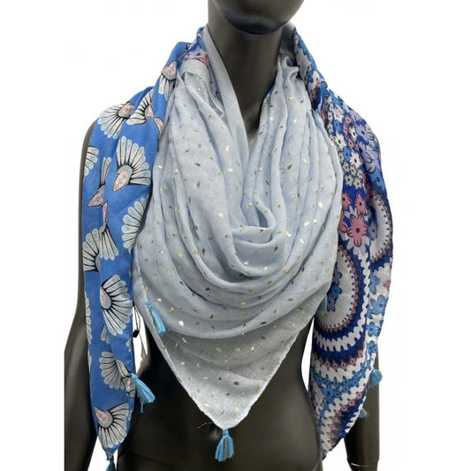 Foulard carré patchwork imprimé fleurs et queue de paon bleu