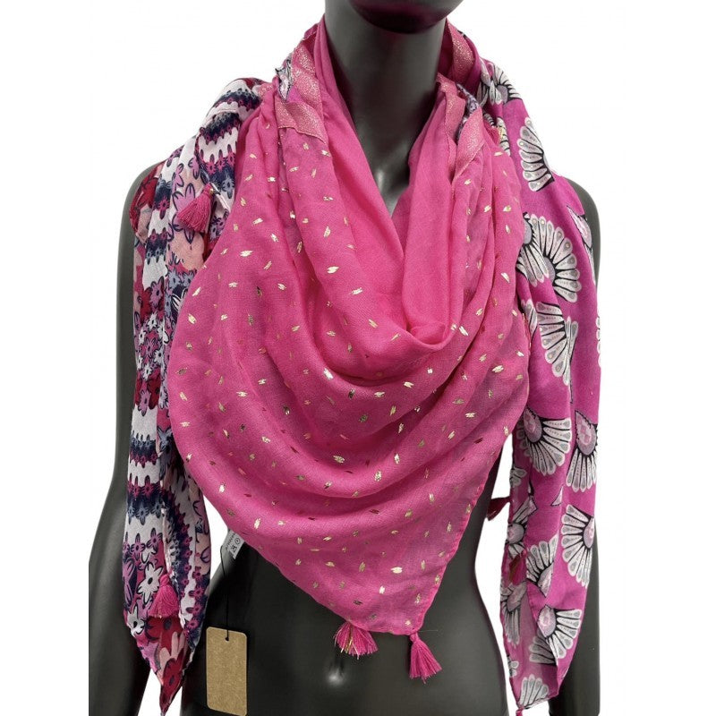 Foulard carré patchwork imprimé fleurs et queue de paon fuschia