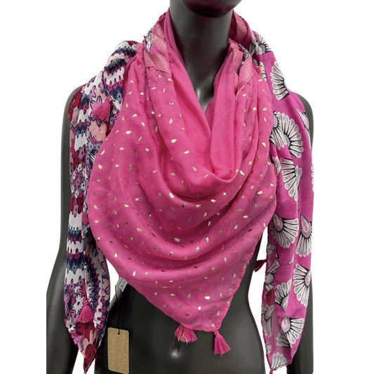 Foulard carré patchwork imprimé fleurs et queue de paon fuschia