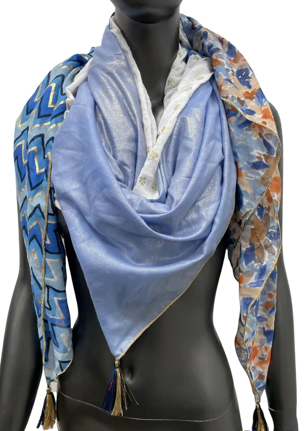 Foulard carré patchwork imprimé fleurs et zig zag