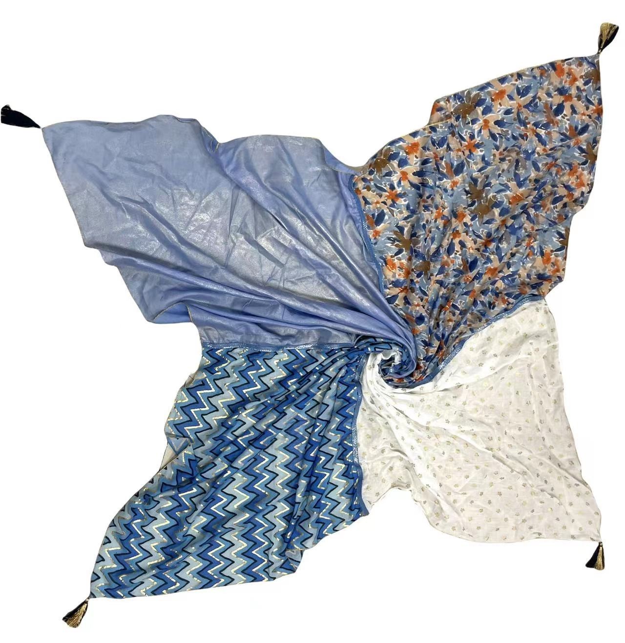 Foulard carré patchwork imprimé fleurs et zig zag