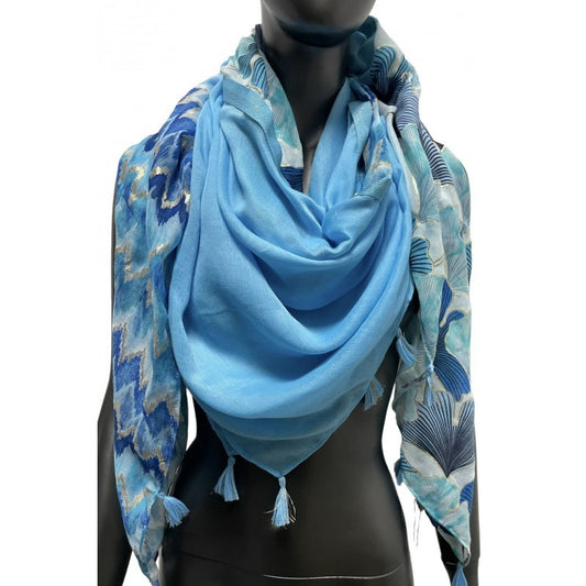 Foulard carré patchwork imprimé ginko et chevron bleu