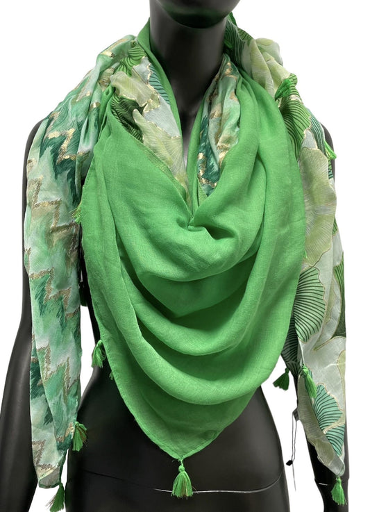 Foulard carré patchwork imprimé ginko et chevron vert