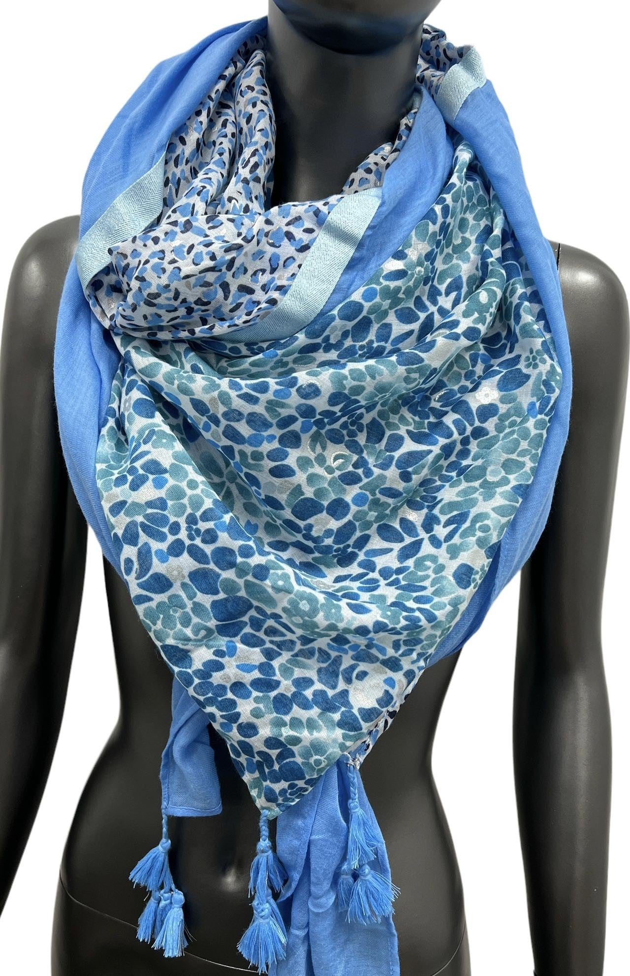 Foulard carré patchwork petites fleurs et pois bleu