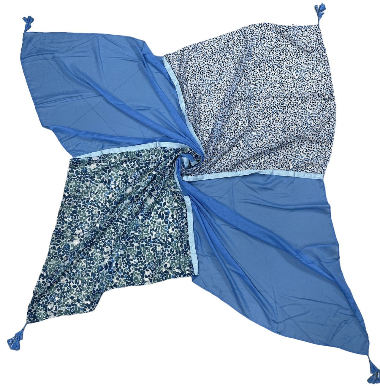 Foulard carré patchwork petites fleurs et pois bleu