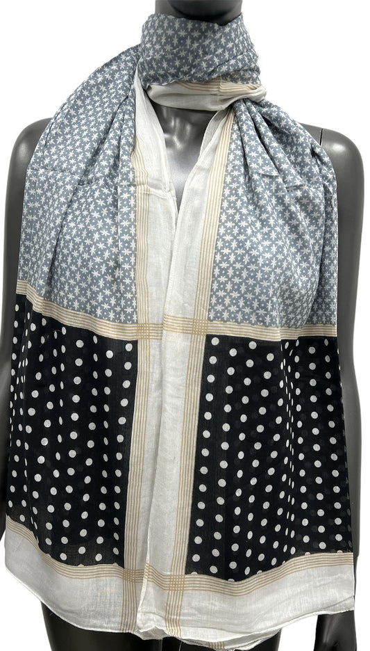 Foulard ethnique pois et étoile dans les tons gris et noir