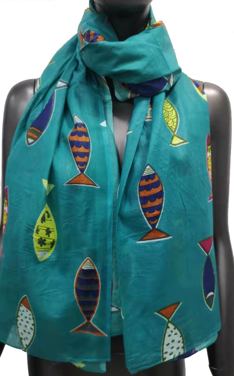 Foulard femme motif poisson bleu canard