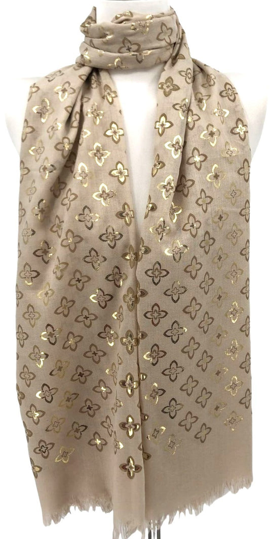 Foulard fin beige imprimé fleurs dorées