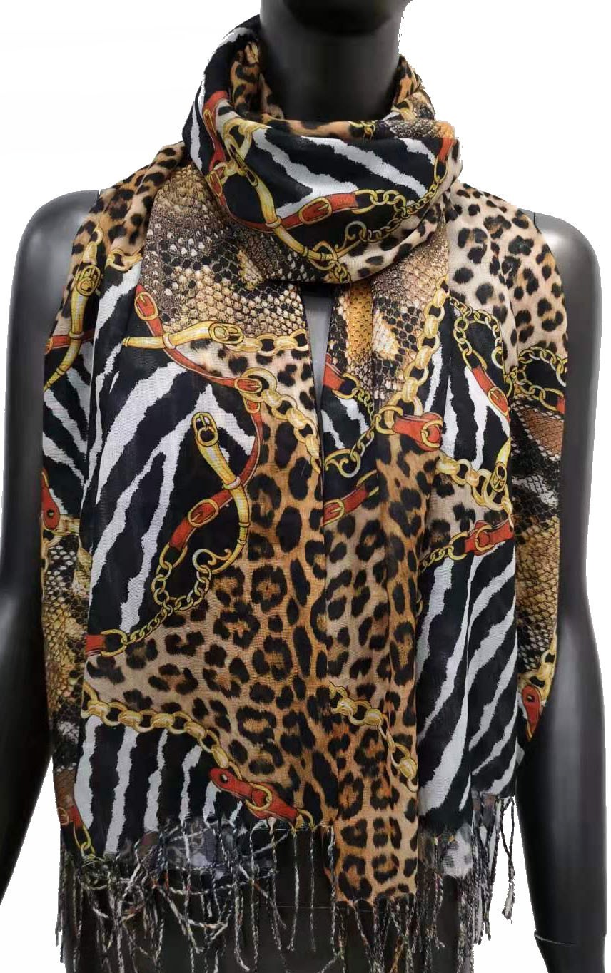 Foulard imprimé peaux animales et chaînes marron