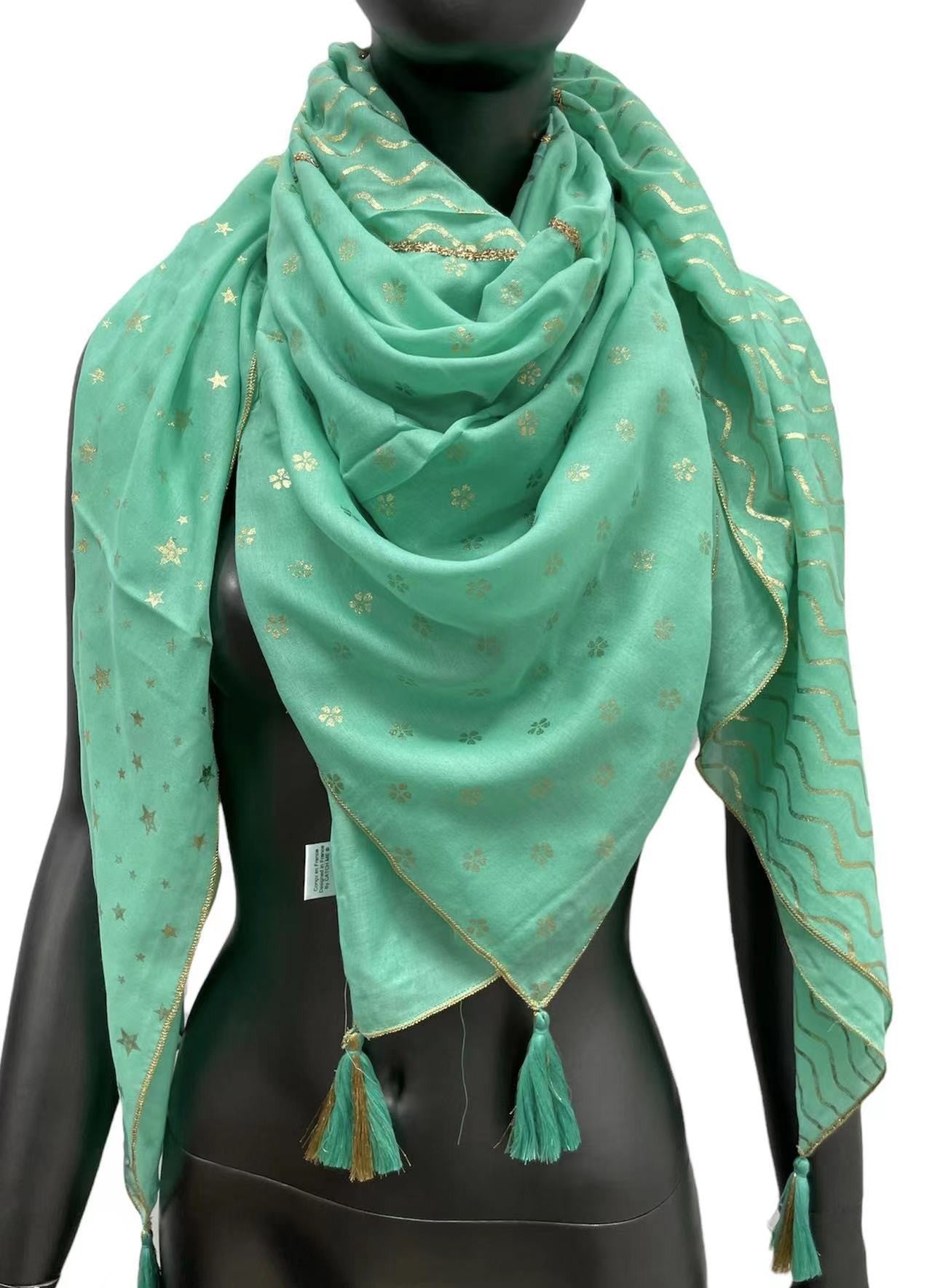 Foulard patchwork étoiles et triangles vert d'eau