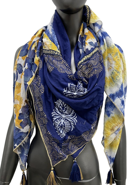 Foulard patchwork fleurs et cercles jaune et bleu