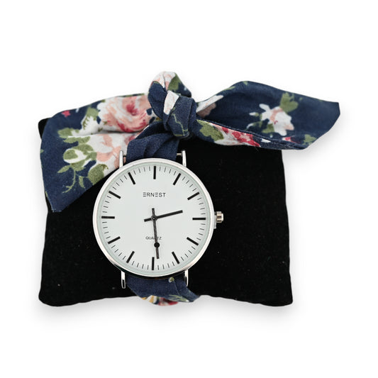 Montre bracelet tissu fleurs bleu marine
