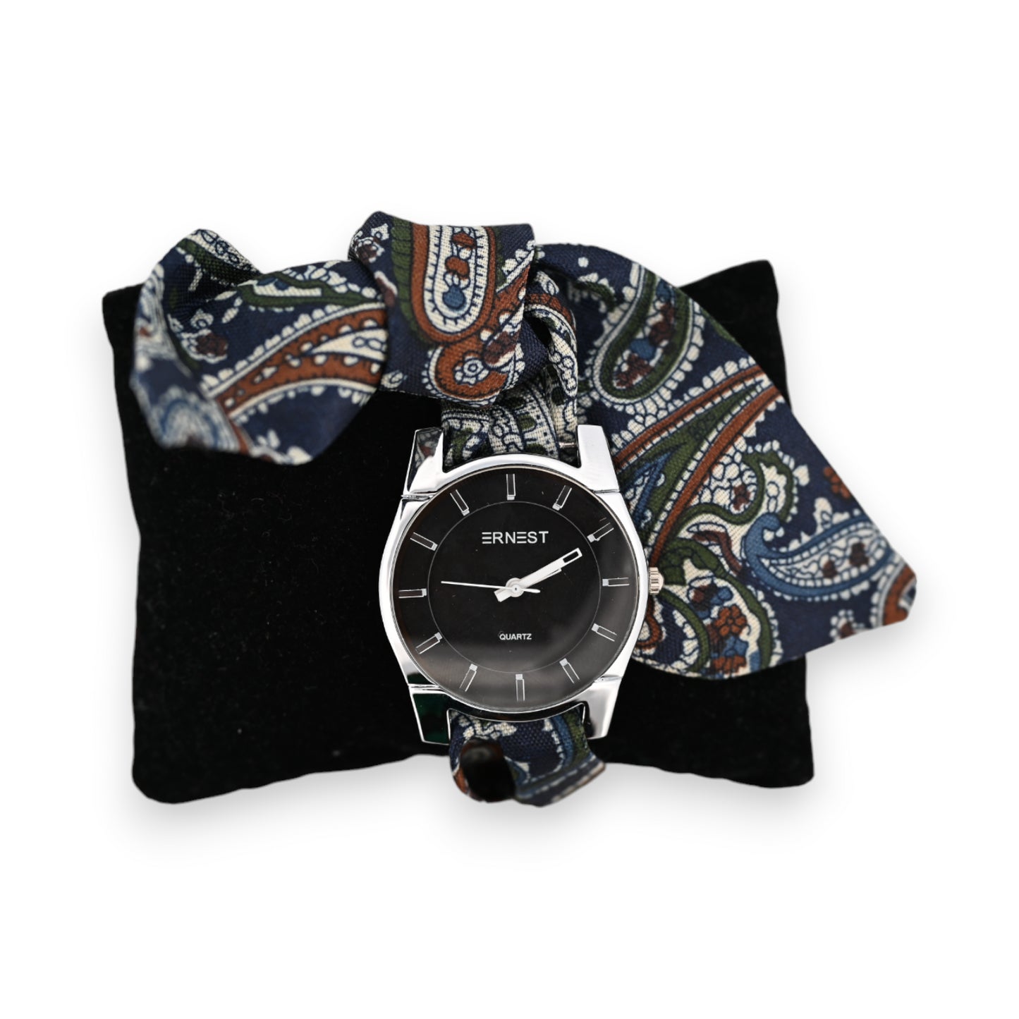 Montre bracelet tissu imprimé cashmire bleu marine kaki
