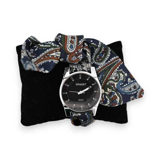 Montre bracelet tissu imprimé cashmire bleu marine kaki
