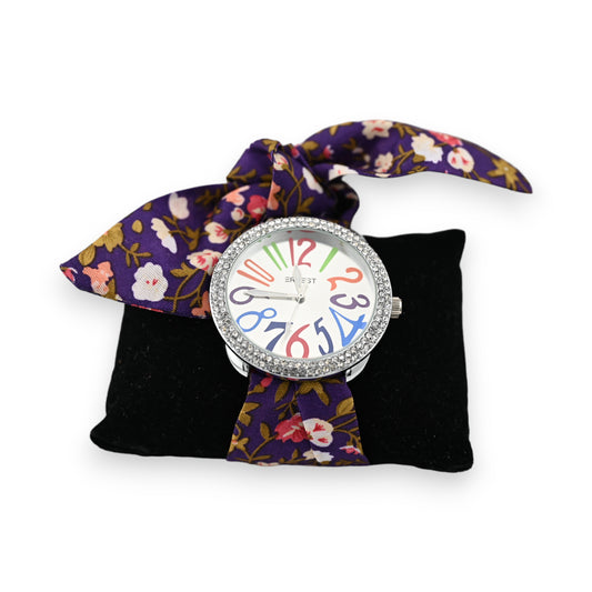 Montre bracelet tissu violet fleurs multicolores