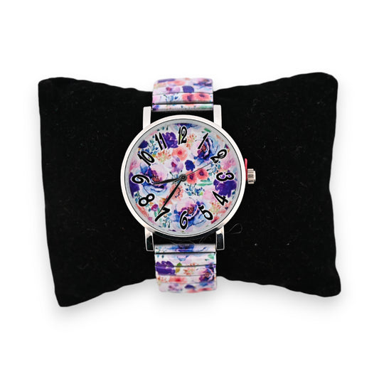 Montre élastique motifs fleurs multicolores