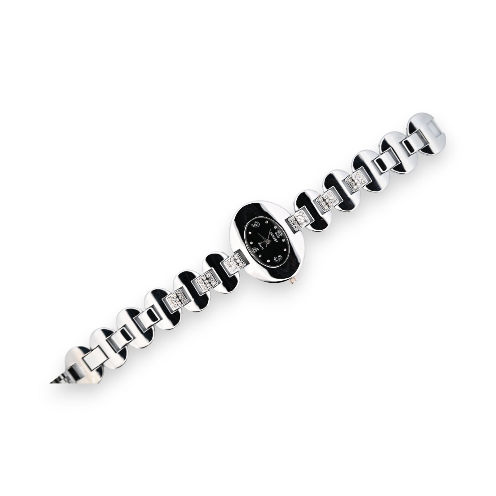 Montre fantaisie argenté cadran noir ovale