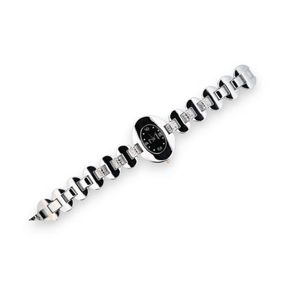 Montre fantaisie argenté cadran noir ovale