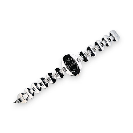 Montre fantaisie argenté cadran noir ovale