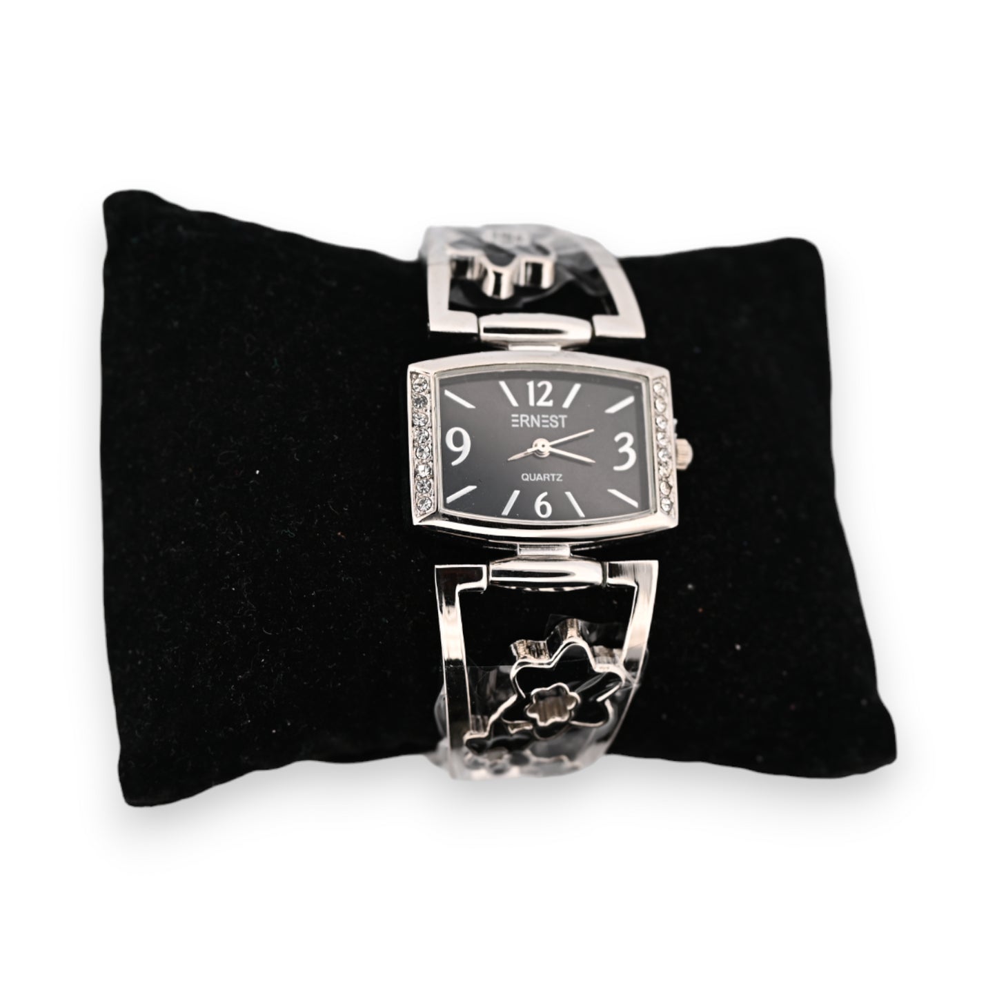 Montre fantaisie argentée détails fleurs noires